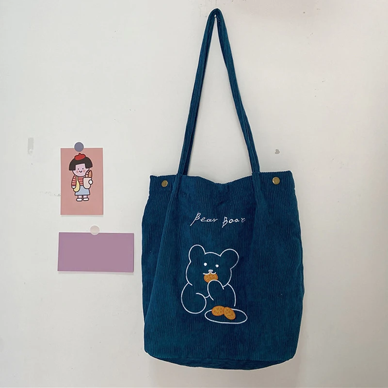 

1 шт. кавайная сумка, японская Вельветовая Наплечная Сумка с вышивкой медведя, женская сумка через плечо, сумка для покупок с животными, сумк...
