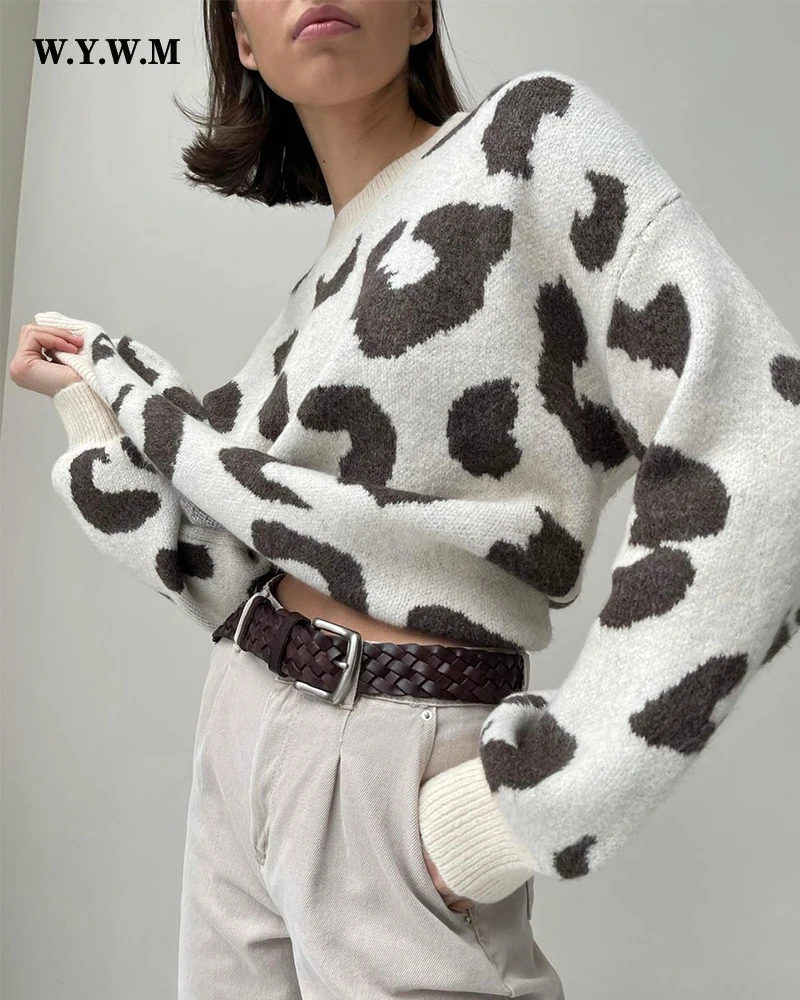 

Новинка 2023, зимний женский свитер WYWM с леопардовым принтом, базовые свободные вязаные пуловеры с круглым вырезом, женская теплая одежда ове...