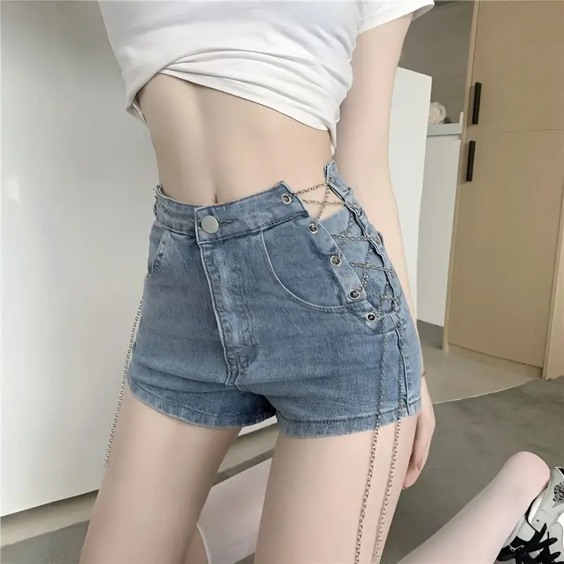 Summer 2023 New Denim Shorts, Side Split Chain Decoration Wide-leg Shorts, Thin High-waisted Straight Leg Thin A-line Hot Pants