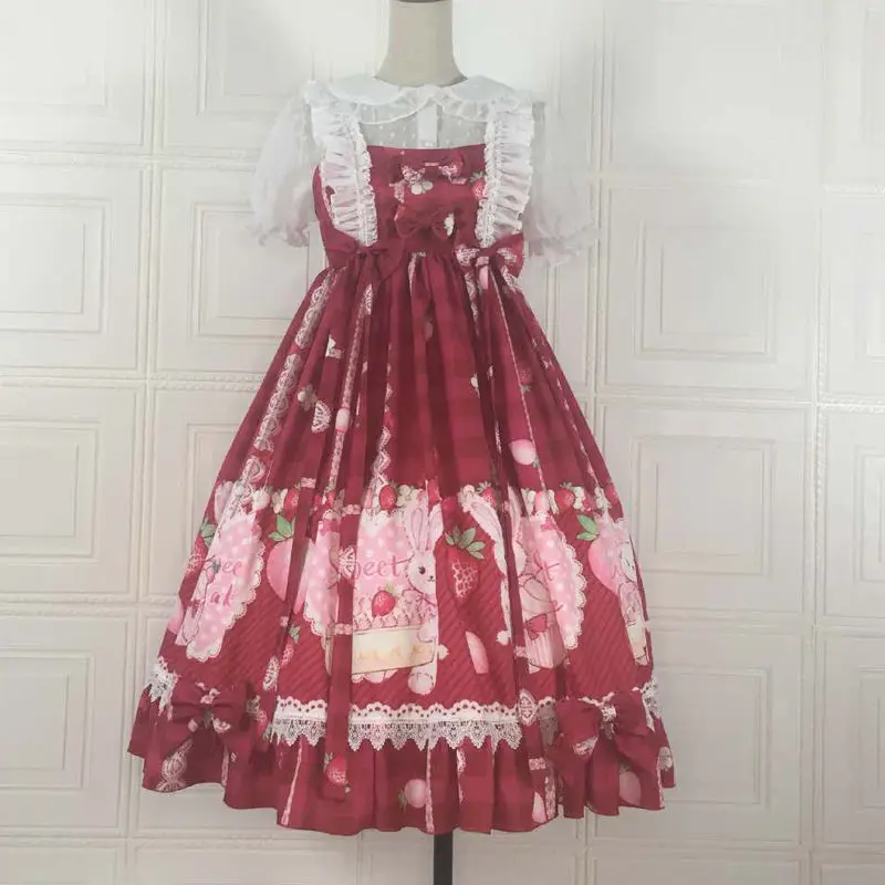 

Sweet Lolita Strap Dress Vintage Strawberry Bowknot Cute Printing High Waist Princess Victorian Dress Kawaii Girl Gothic Lolita