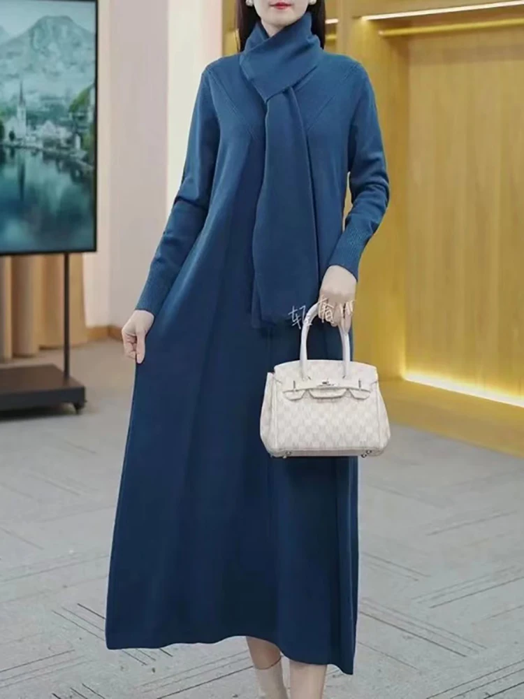 Женские фиолетовые вязаные шерстяные толстые теплые свитеры с шарфом осенние