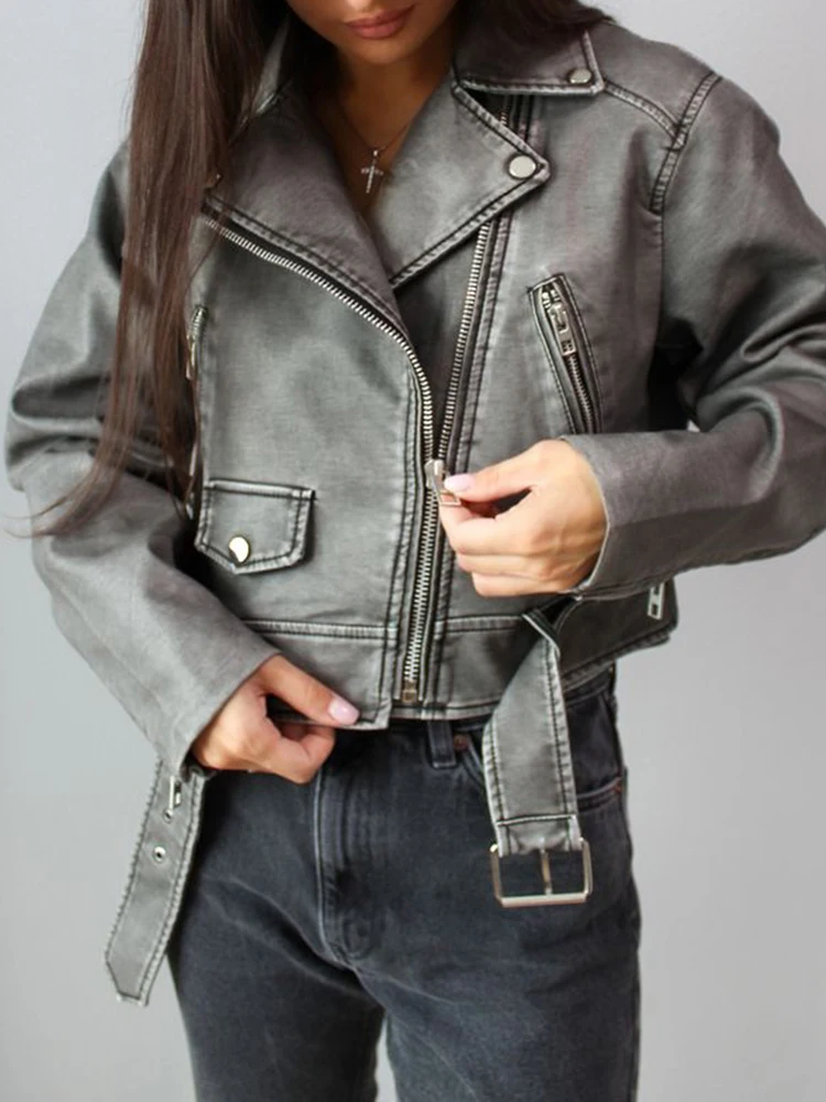 Ailegogo Streetwear Женская винтажная короткая кожаная куртка Pu Faux Весна и осень молния