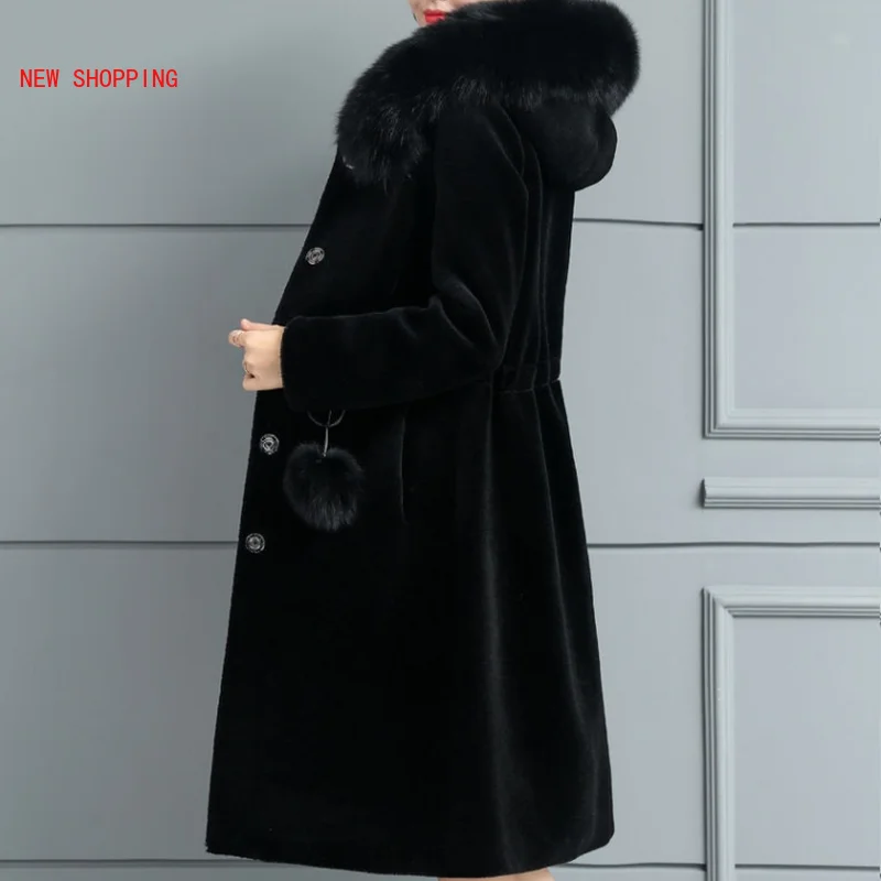 Mid Length Faux Fur Coat Women Hooded Mink Cashmere Slim Fit Plus Size Solid Long Sleeve Warm Single Breasted Fur Coats Fashion