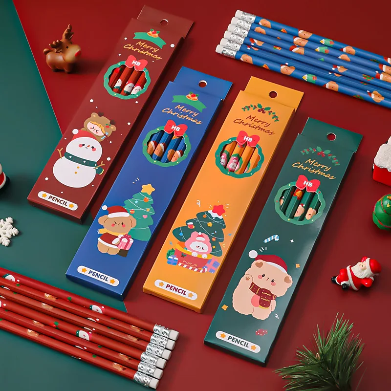 

6pcs/Lot Christmas Boxed Pencils Student Writing Drawing Sketch Pen Set Wooden HB with Rubber Stationery for Students School