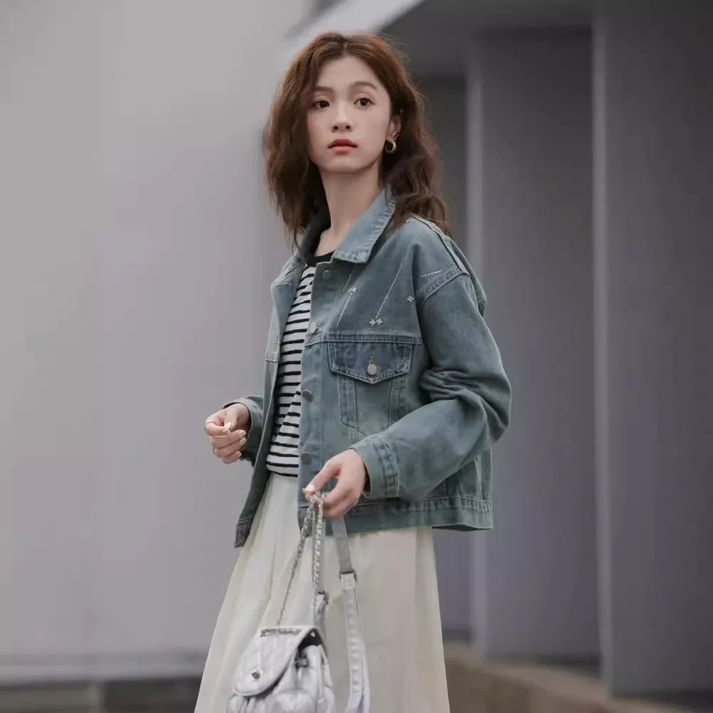 Винтажная джинсовая короткая куртка в американском стиле женская осенняя