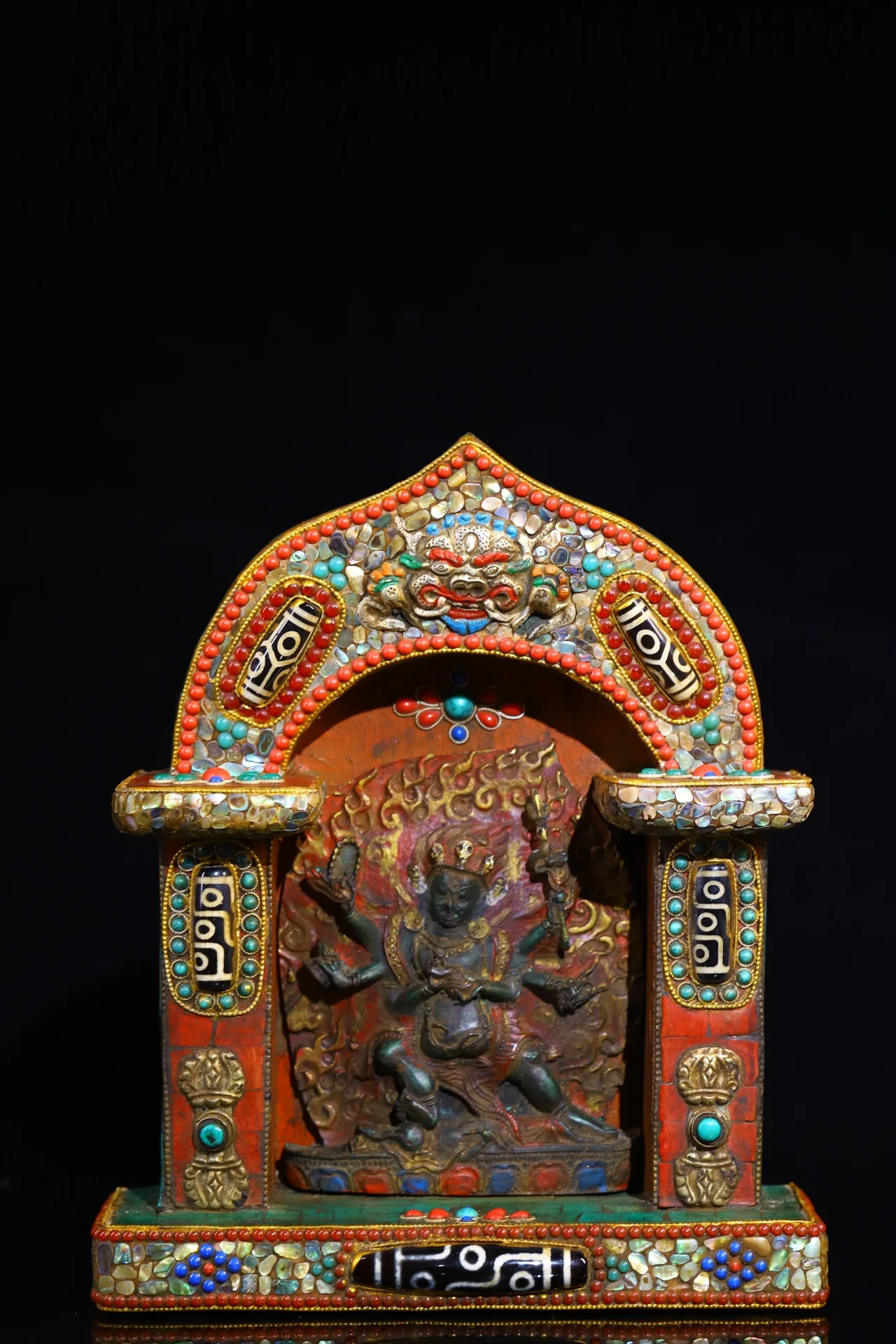 

9"Tibet Temple Collection Old Bronze Mosaic Gem shell Turquoise gZi Beads Painted Six arm Mahakala Buddhist niche Worship Hall