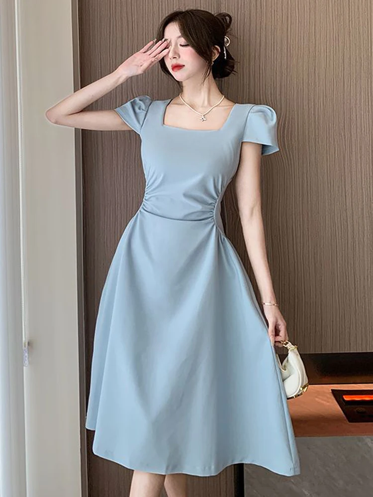 

Fashion Women's Summer French Temperament High Waist Pleated Slim Midi Dress New Graceful Office Evening Party Dresses