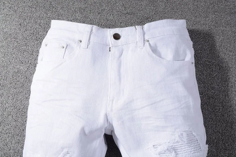 Mens White Slim Fit High Street Denim Pants Korean Fashion Style Destroyed Bandana Ribs Patches Distressed Skinny Ripped Jeans