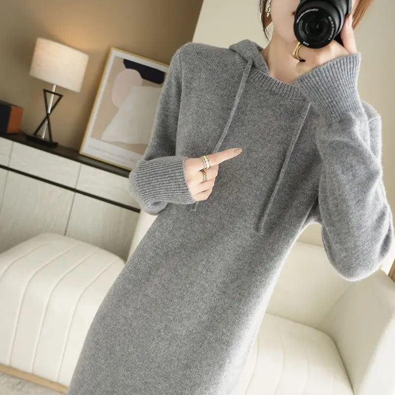 

Hooded Waist Knitting Sweater Dress Women Autumn Winter 2023 Fashion Casual Long-sleeved Warm Long Sleeve Dress Femme R07