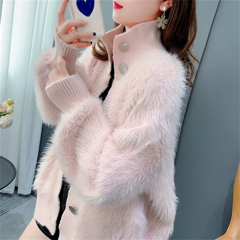 

Imitation Mink Fleece Standing Neck Sweater Cardigan Women's Autumn New Age Reducing Top Coat