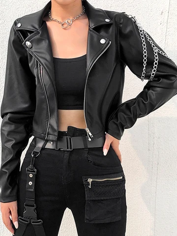 Куртка женская укороченная черная из искусственной кожи с цепочками и длинным рукавом