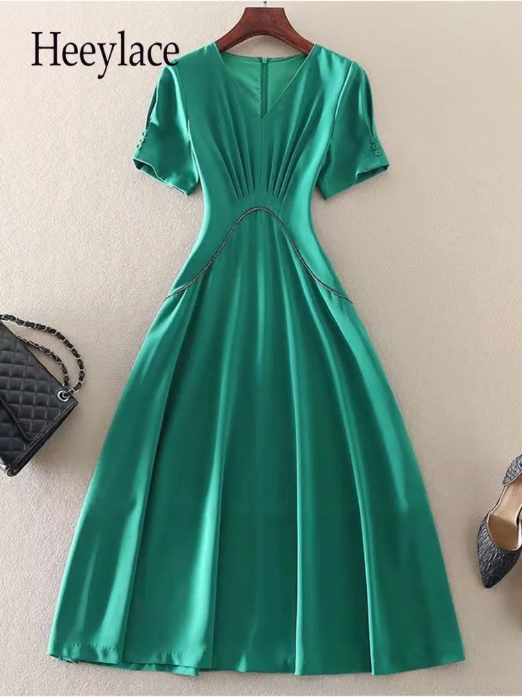 

Summer Office Ladies Elegant Dress For Women Korea Fashion Short Sleeve V-neck High Waist Retro Pullover Dresses Women Clothing
