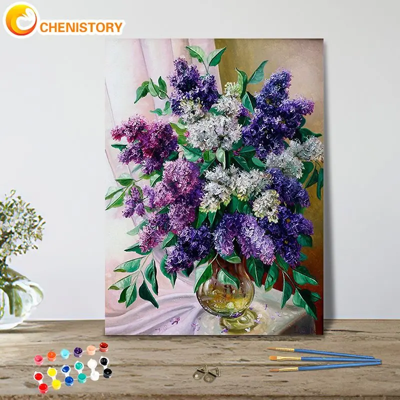 CHENISTORY Flower In Vase Painting By Number Kits Handpainted Picture Lilac Flower Drawing On Canvas Home Decor Diy Gift