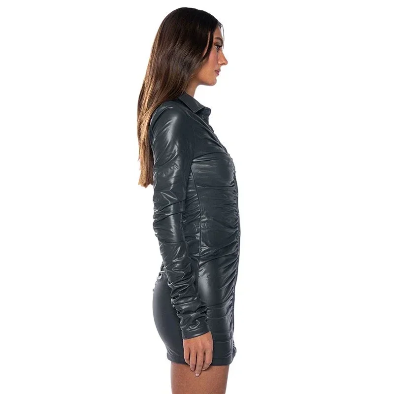 Женское матовое кожаное платье Шикарное облегающее Плиссированное мини-платье с