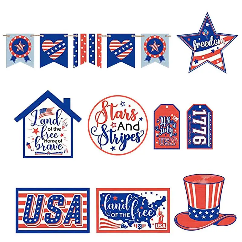 

Patriotic Decorations Wooden Blocks Signs 4th Of July Tiered Tray Decors American Theme Ornament Memorial Day Rustic Party