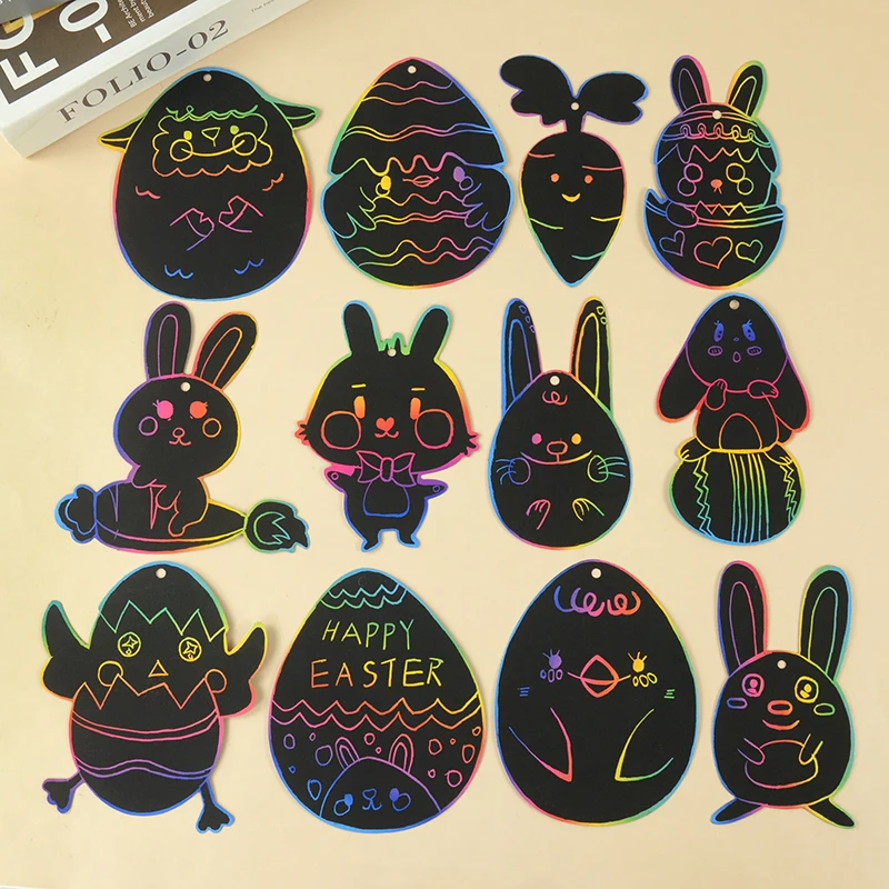 

12Pcs Easter Scratch Art DIY Painting Crafts Kids Gift Favors Easter Eggs Bunny Chick Hanging Ornaments Decoration for Home Tree