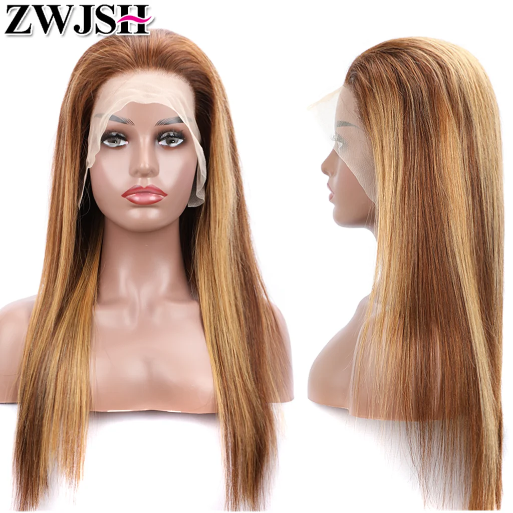 

13x4 HD Lace Front Frontal Honey Blonde Highlight Wig for Women Remy Brazilian Human Hair Silky Straight 4/27# Brown Ombre ZWJSH