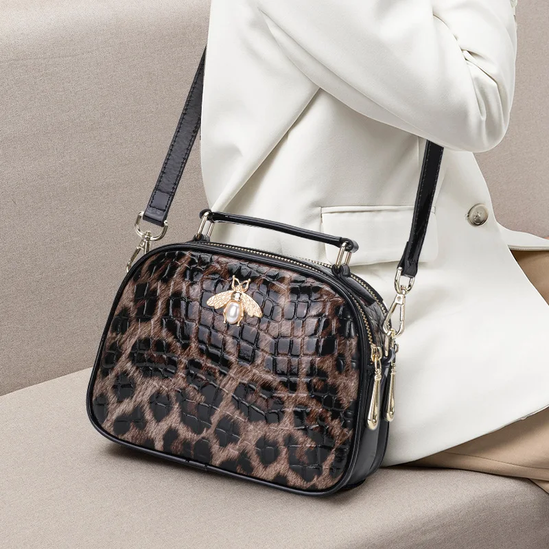 

Shell Small Bag New Fashion Women's Crossbody Bag Cowhide Handheld One Shoulder Leopard Pattern Zipper Bag