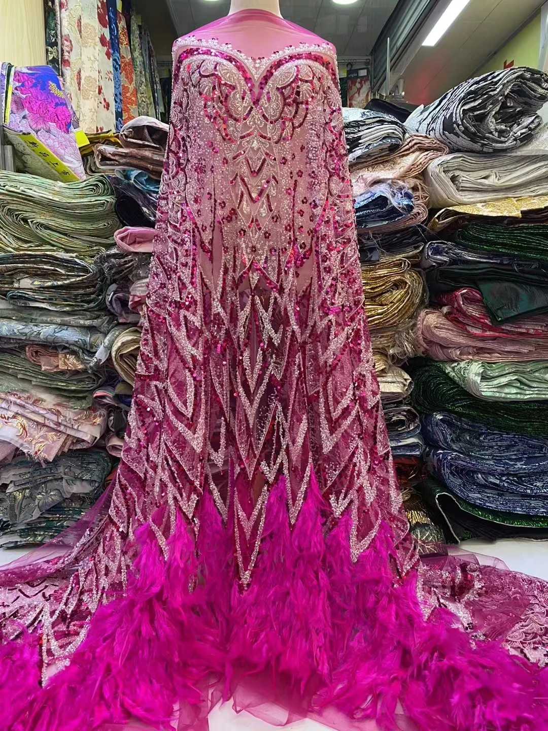 

Luxury African 3D Feather Lace Fabric High Quality Sequins Beaded Embroidery Nigerian French Tulle Mesh Wedding Dress Lace