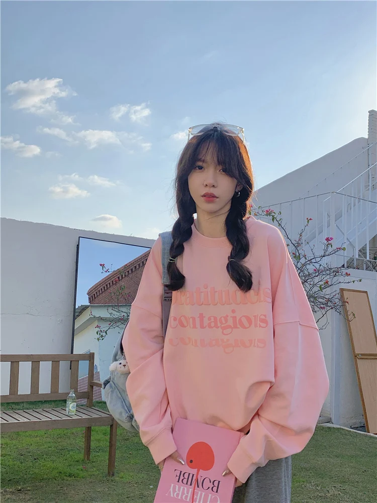 Корейская свободная толстовка с буквенным принтом Женский Осенний Топ длинным