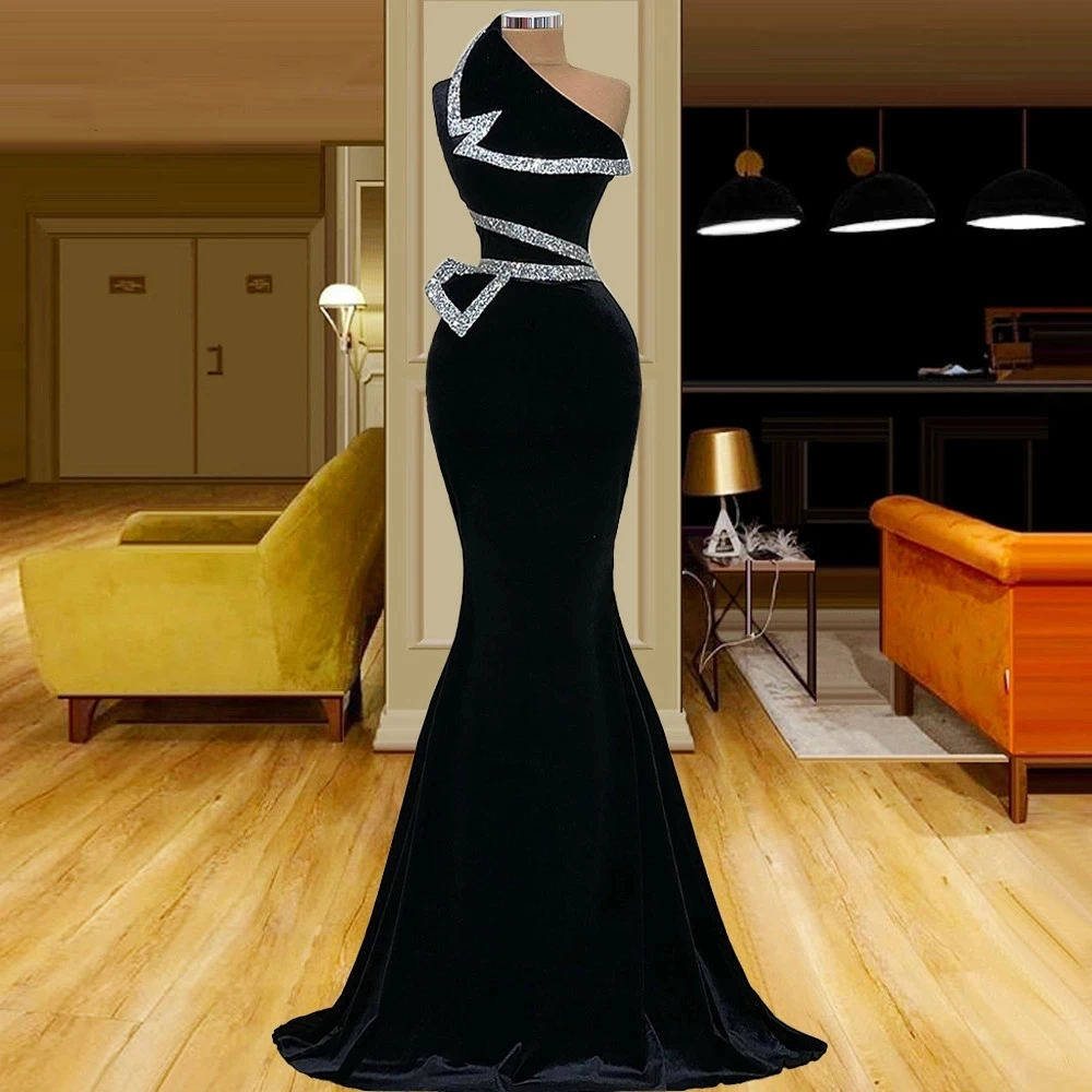 

Женское велюровое вечернее платье-русалка, Черное длинное велюровое платье на одно плечо, расшитое бисером, для выпускного вечера, 2023