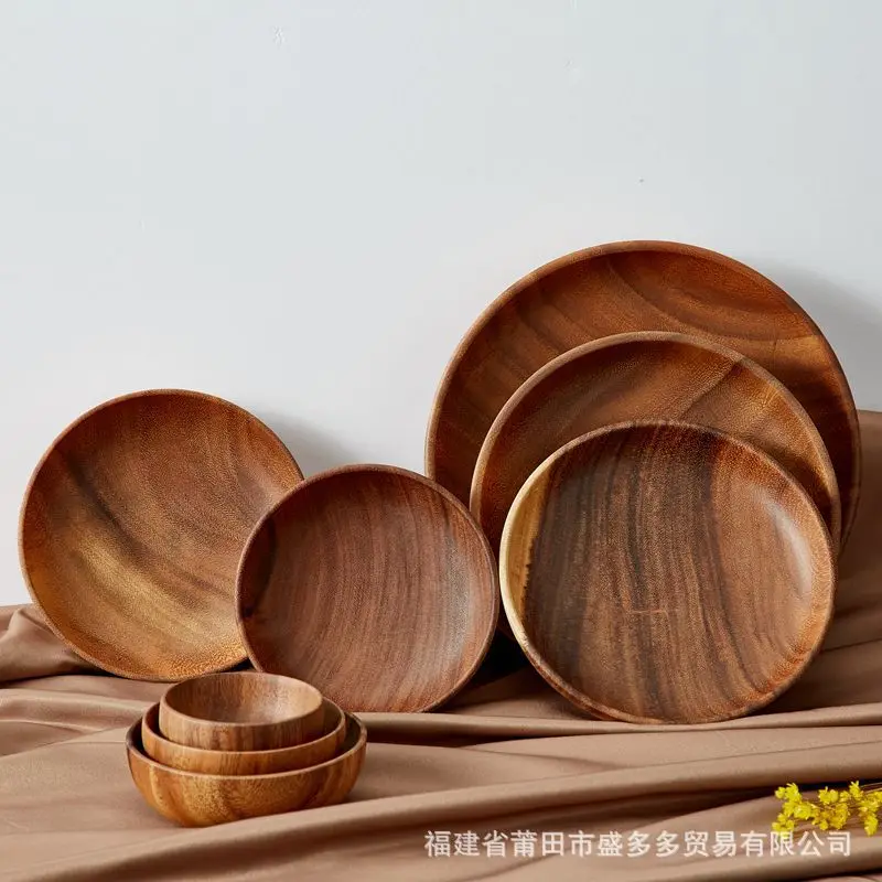 

1pc Kitchen Round Wooden Dried Fruit Tray Snack Plate Handcraft Food Dish Tray Walnut Wood Tableware Japanese Kitchen Cake Stand