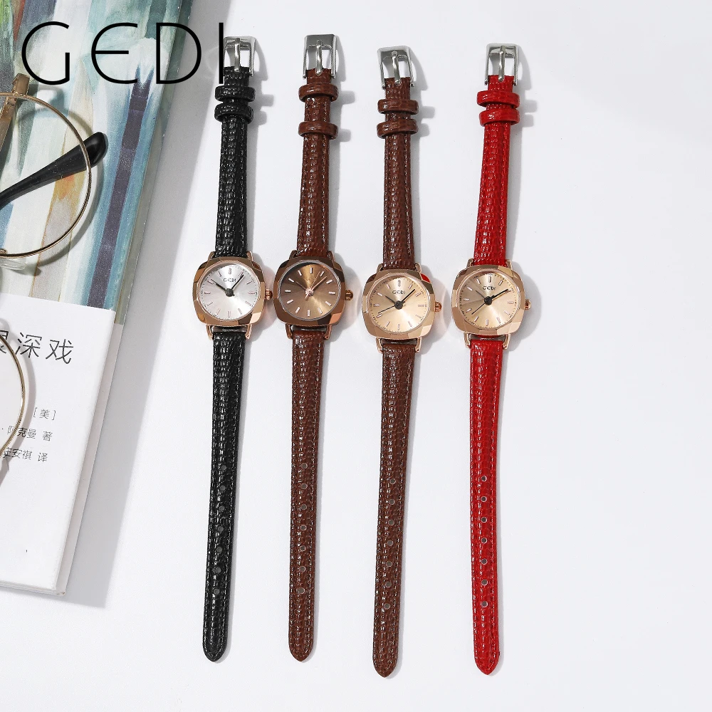 GEDI Retro Fashion Square Quartz Wrist Watch for Women Luxury Brand  Leather Strap Vintage Ultra-thin Waterproof Ladies Watches