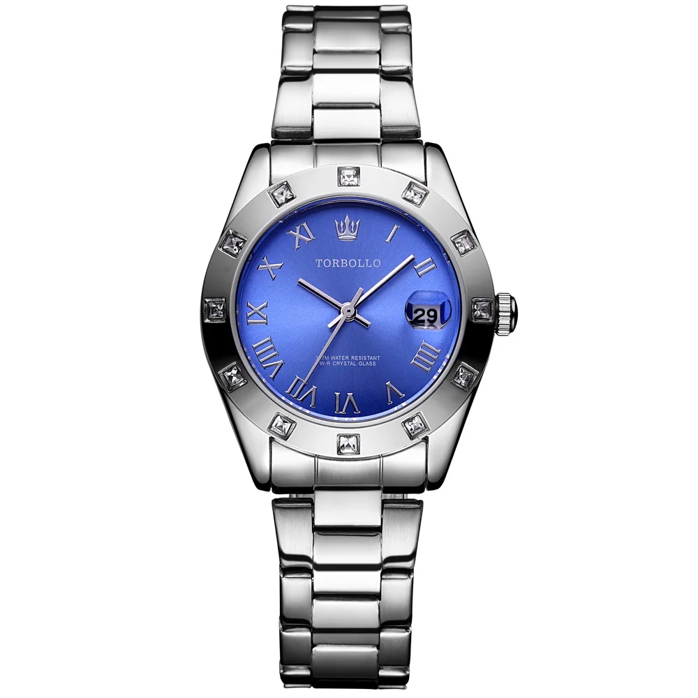 

Fashion Women Watch Waterproof Stainless Steel Straps JAPAN Quartz Silver Blue Womens Clock