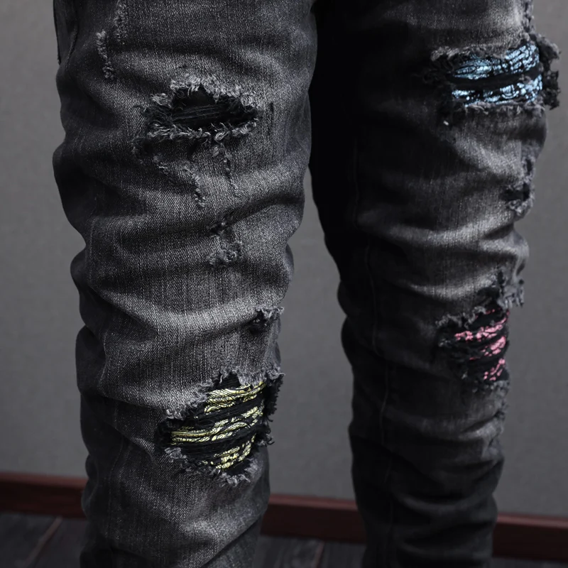 Fashion Streetwear Men Jeans Retro Black Gray Elastic Stretch Skinny Ripped Jeans Men Patched Designer Hip Hop Brand Pants Homme