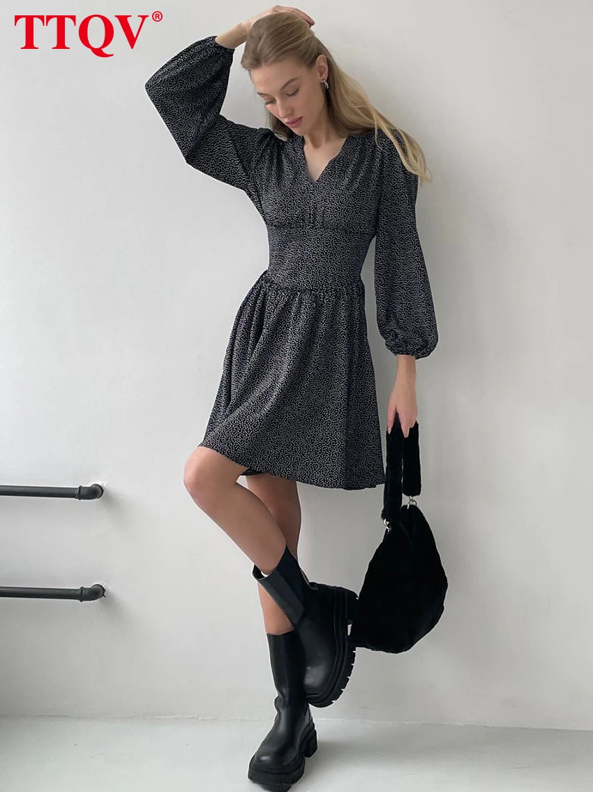

TTQV Bodycon V-Neck Print Women'S Dress 2022 Elegant Long Sleeve Office Mini Dresses Fashion Slim High Waist Female Dress