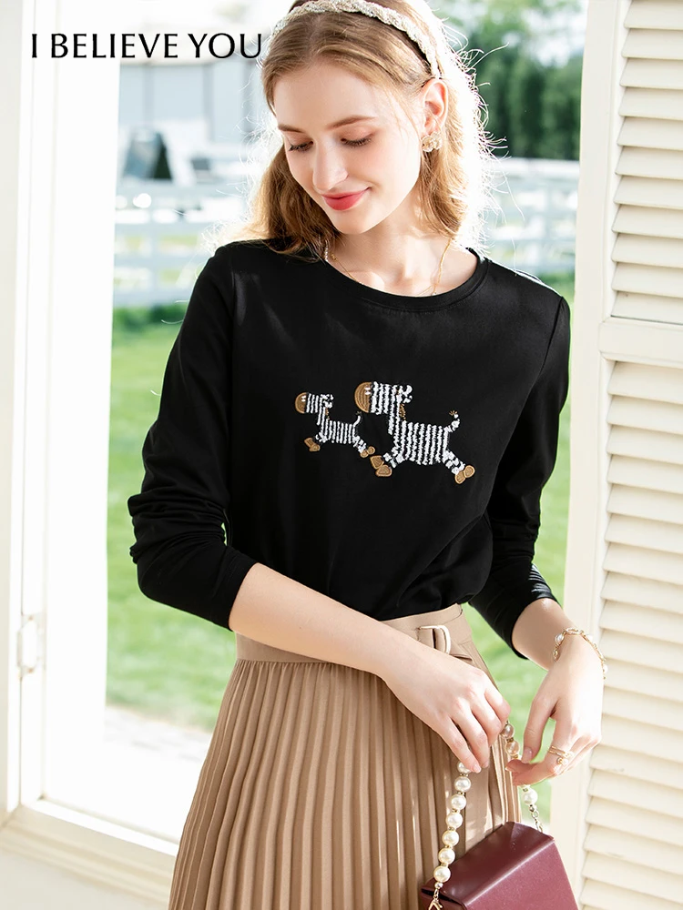 

I BELIEVE YOU Embroidery T-shirts for Women Autumn Gentle Oneck Pullover Sequins Cotton Tops Slim Chic Female Clothes 2223014638