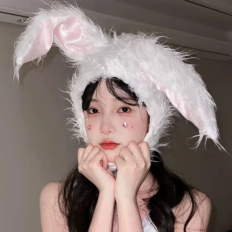 

Cute Plush Rabbit Bunny Ears Hat Earflap Warmer Supplies Cap with Earflaps White Black Bunny Hats for Girl Women Cosplay Costume