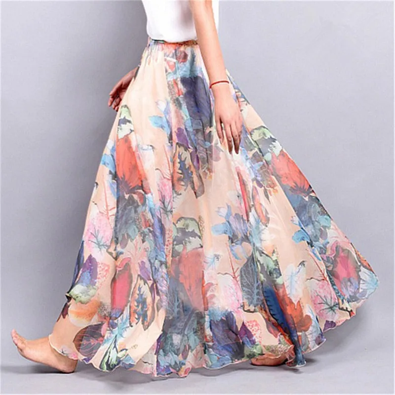 Elegant Summer Long Skirt Women Chiffon Saia Beach Bohemian Maxi Skirts High Waist Tutu Casual Vestidos Harajuku Woman Clothes