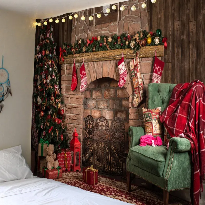 

Wall Hanging Tapestry Merry Christmas Tree Reindeer Fireplace Winter Forest Tapestry For Bedroom Living Room Festival Decor