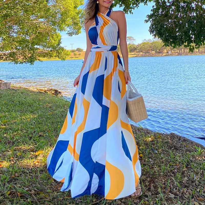 

2022 Summer Women's New Dress Fashion Clear And Sweet Striped Halter Neck High Waist Slit Mid-Length Temperament Elegant Dress