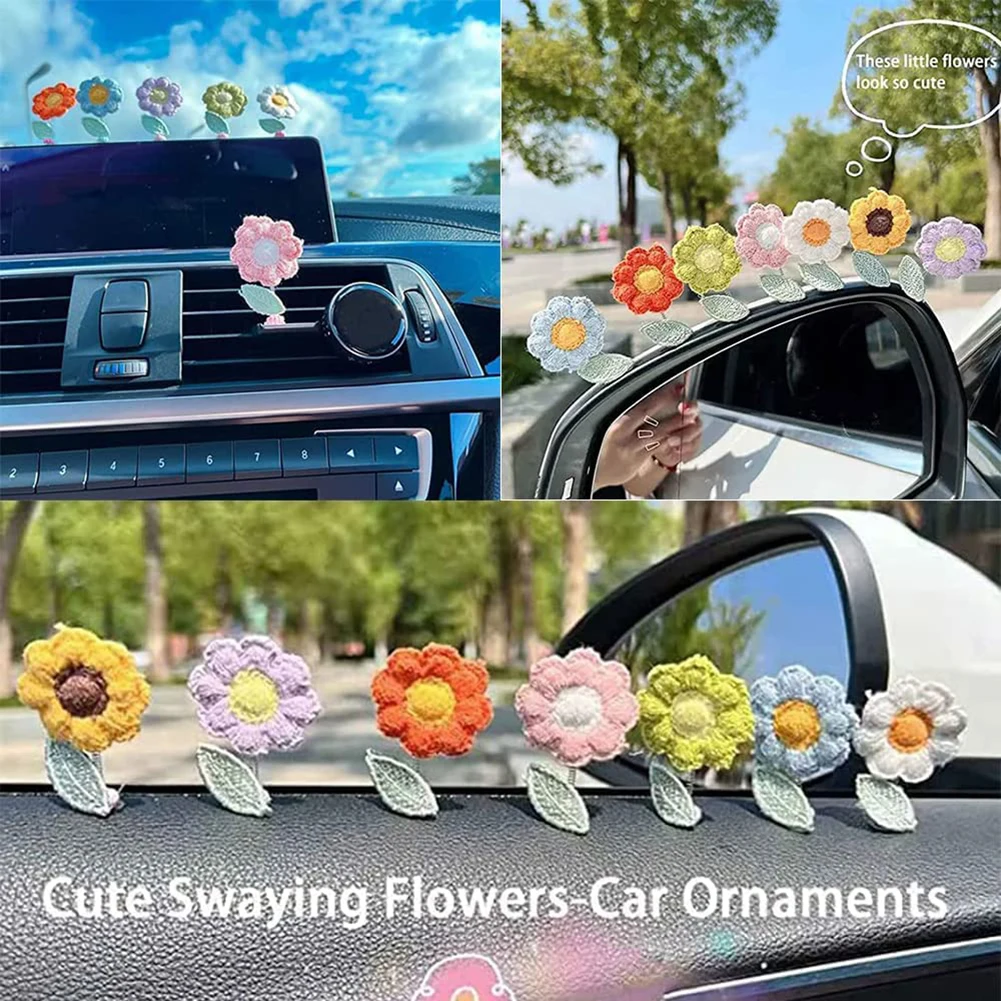 

7pcs Universal Cute Knitted Flower Car Funny Bobblehead Flower Car Interior Desks Bookcases Decoration Ornament