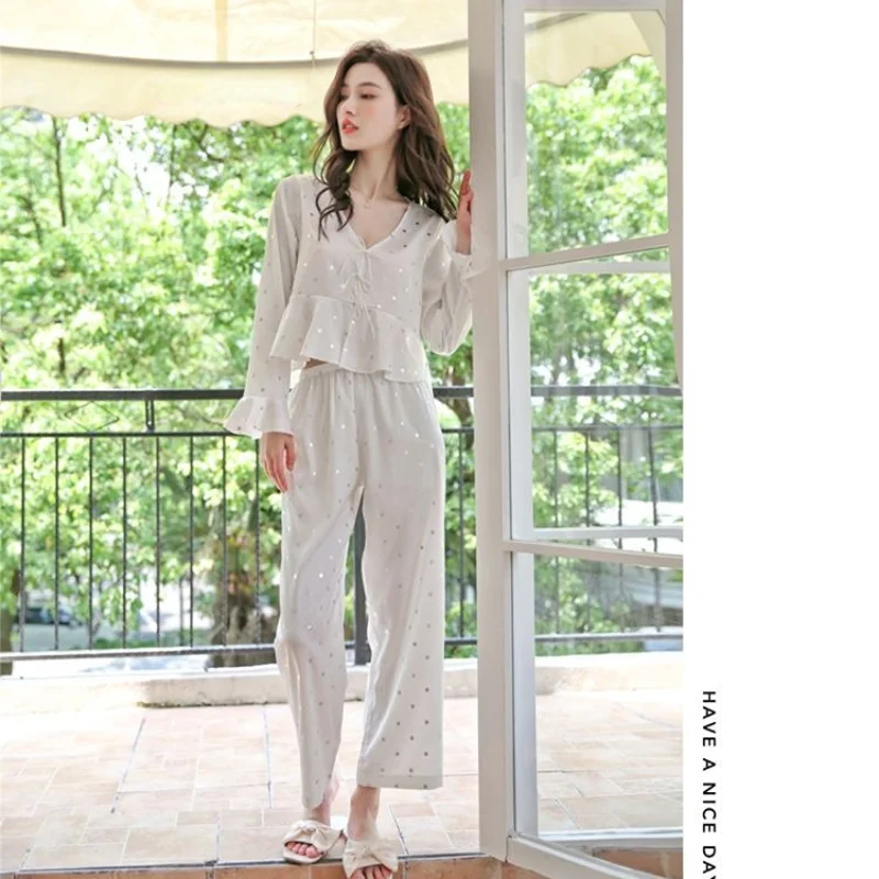 QWEEK Designer Clothes Women Luxury Sleepwear 2 Piece Set Trouser Suits White Pajamas Shiny Home Suit Long Sleeve Top + Pants