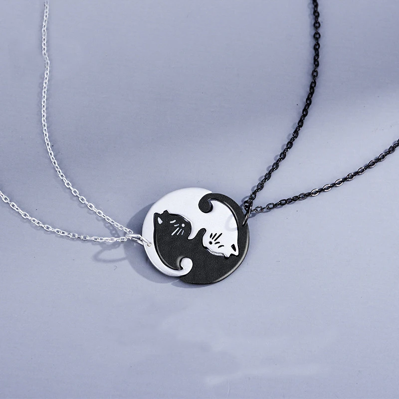 

Shared Black and White Cat Pendant Necklace Tai Chi Yin Yang Fish Style Real 925 Sterling Silver Paired Couple Matching Jewelry
