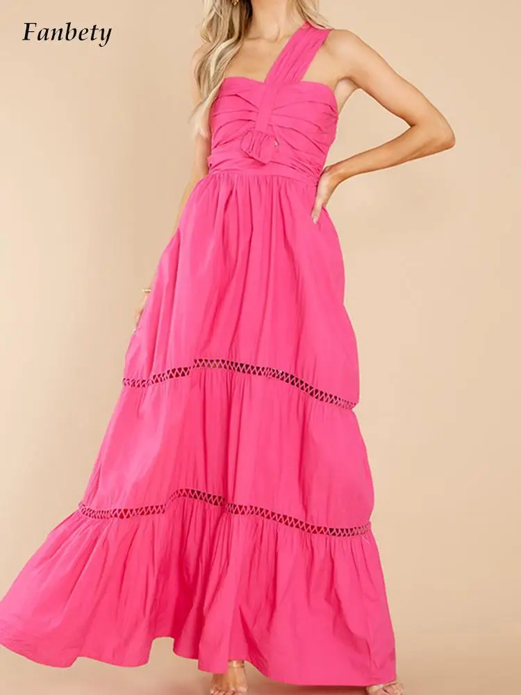 

Fashion Women Summer Chic One Straps Backless Loose Long Dress Sexy Off Shoulder Ruffles Party Dresses Female Solid Beach Dress