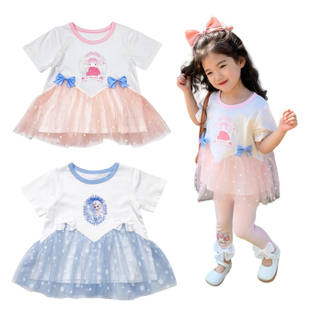 

Sanrios Anime Kawaii My Melody Summer Girl Butterfly Junction Gauze Short Sleeve T-Shi Lovely Princess Dress Kids Gifts