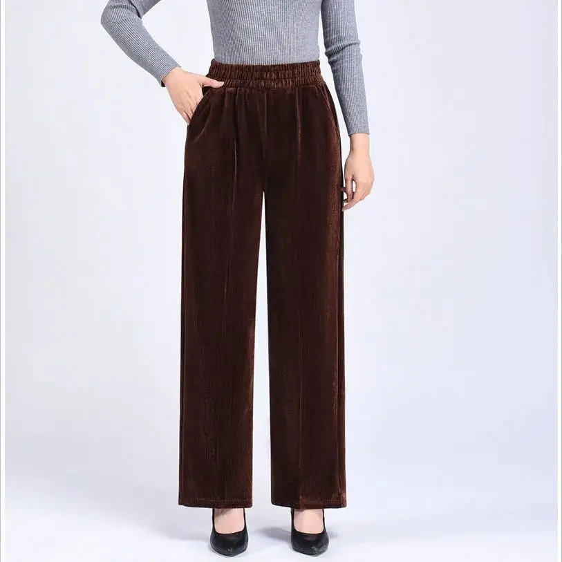 Winter Corduroy Thicken Loose Wide Leg Pants Pockets High Waist Solid Elastic Lace-up Casual Oversize Women Straight Trousers images - 6