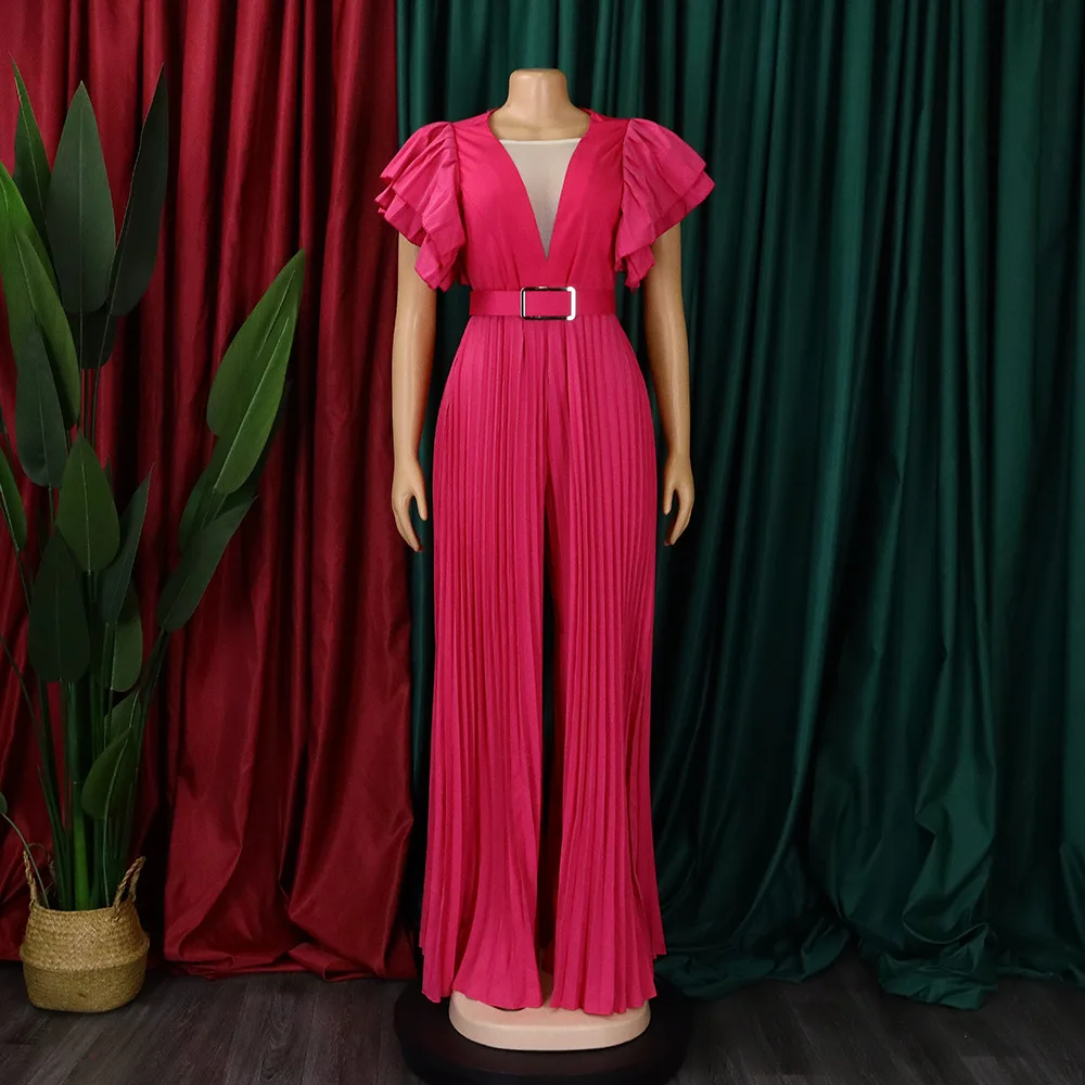 Plus Size Chic And Elegant Women Jumpsuits Ruffle Belt Outfit Lady Outwear Designer Pant 2023 Spring Female Fashion Jumpsuits