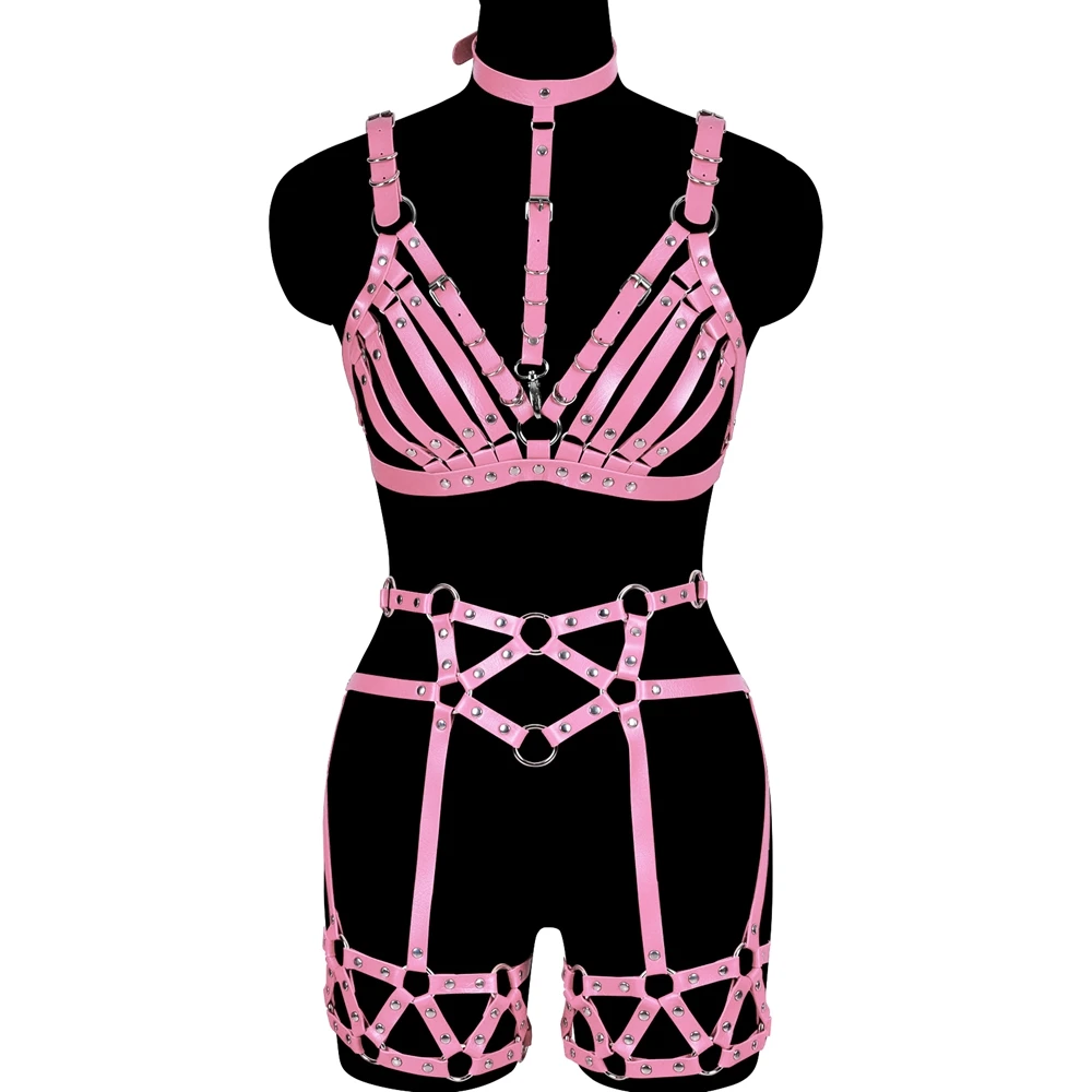 

Women Bondage Leather Thigh Suspender Cage Goth Sexy Pink Garter Belt Top Body Harness Waist Sword Belt Stocking Erotic Lingerie