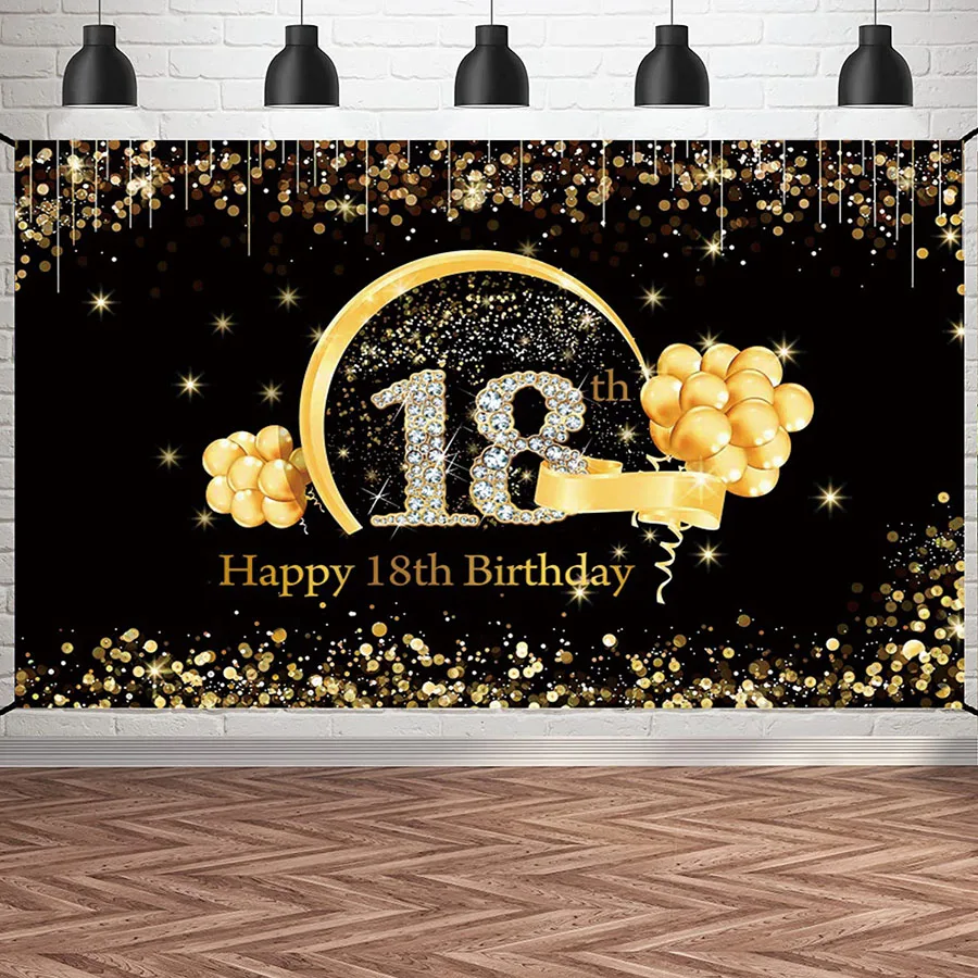 

Happy 18th Birthday Backdrop Black Gold Frame Background Glitter Sequin Anniversary Party Wall Poster Table Banner Photo Booth