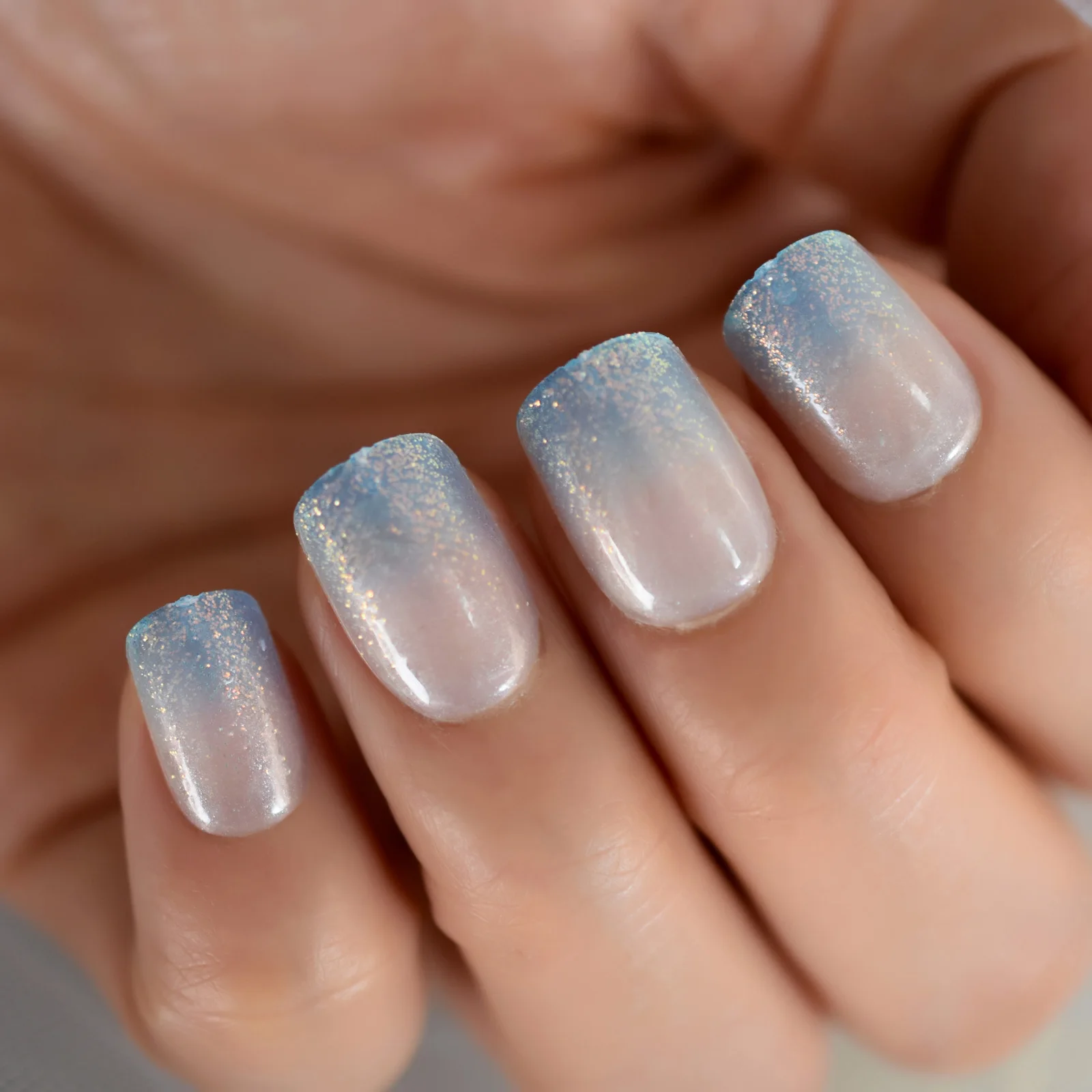 

Short Ombre Blue Faux Ongles Square Shaped Press on Nails Shimmer Glitter Sky Blue Unique Gradient