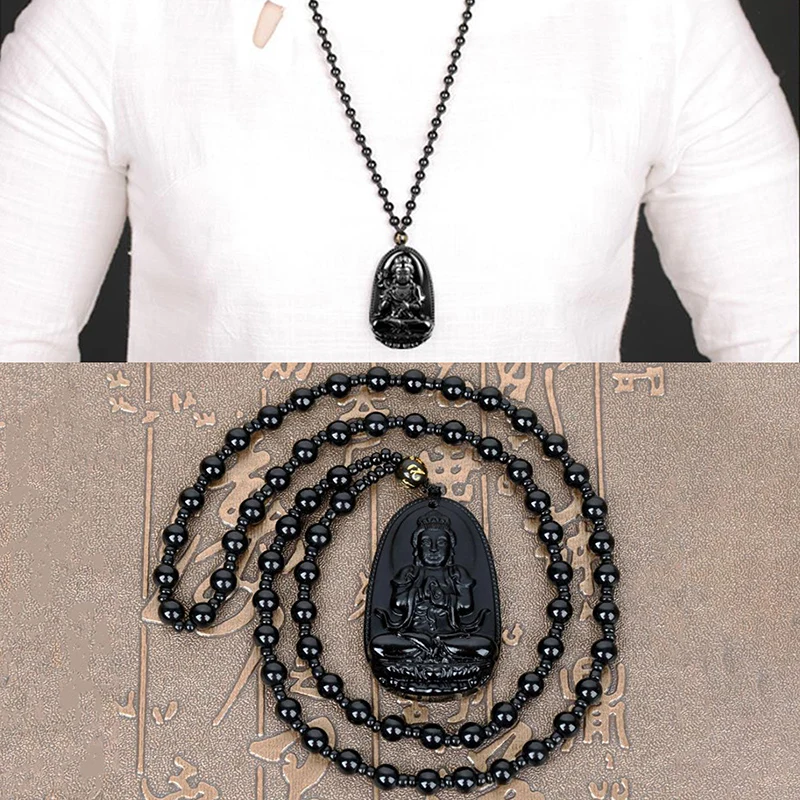 Ожерелье с подвеской amatorha черное обсидиановое резное Будда на удачу Амулет для