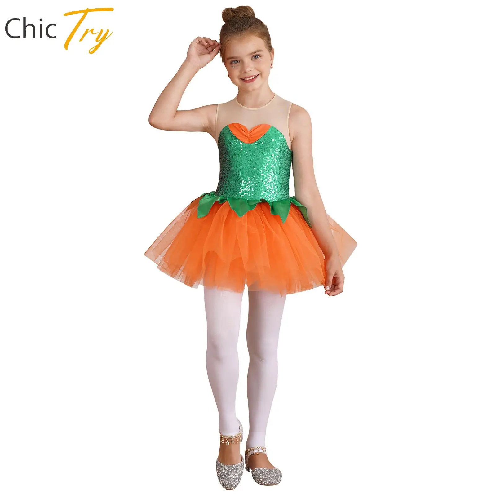 

Kids Girls Halloween Keyhole Back Shiny Sequins Pumpkin Tutu Dres Pumpkin Lantern Styles Cosplay Dance Fancy Dress Party Costume