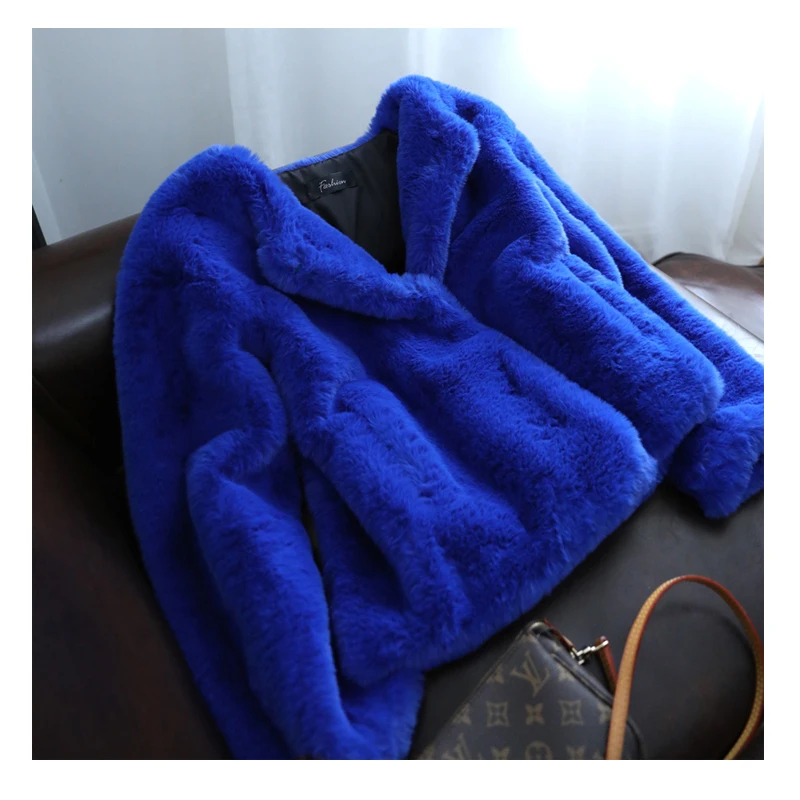 Long Sleeve Fur Coat New Women's Fashion Blue Environmental Protection Rex Rabbit Fur Short Coat Winter Faux Fur Jacket