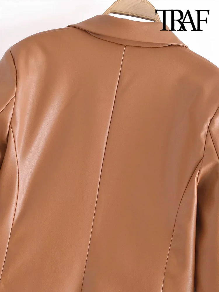 Женский блейзер из искусственной кожи TRAF винтажный с длинными рукавами и
