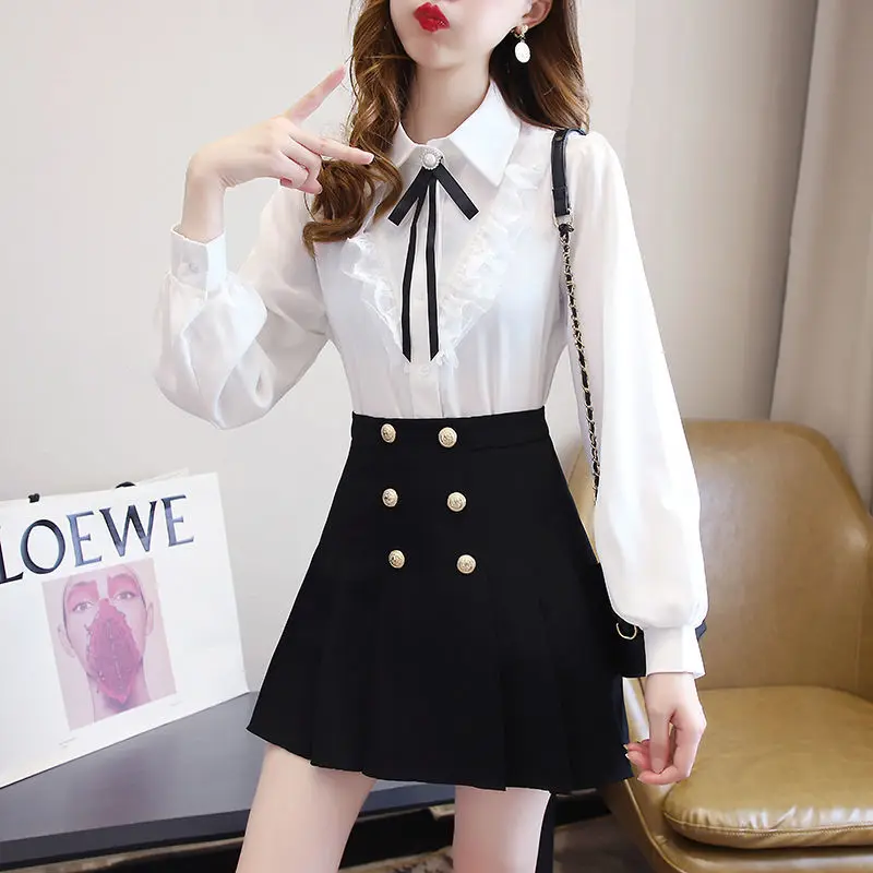 

Korean Fashion Skirt Suits Female Elegant White Shirt + Pleated Skirts Suits Casual Lady Two Piece Set Womens Outfits E395